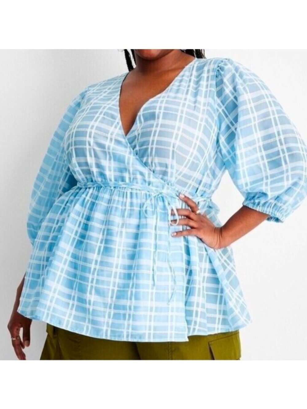 Womens Sheer Gingham Check 3/4 Sleeve V-Neck Wrap Top, Future Collective Blue 2X